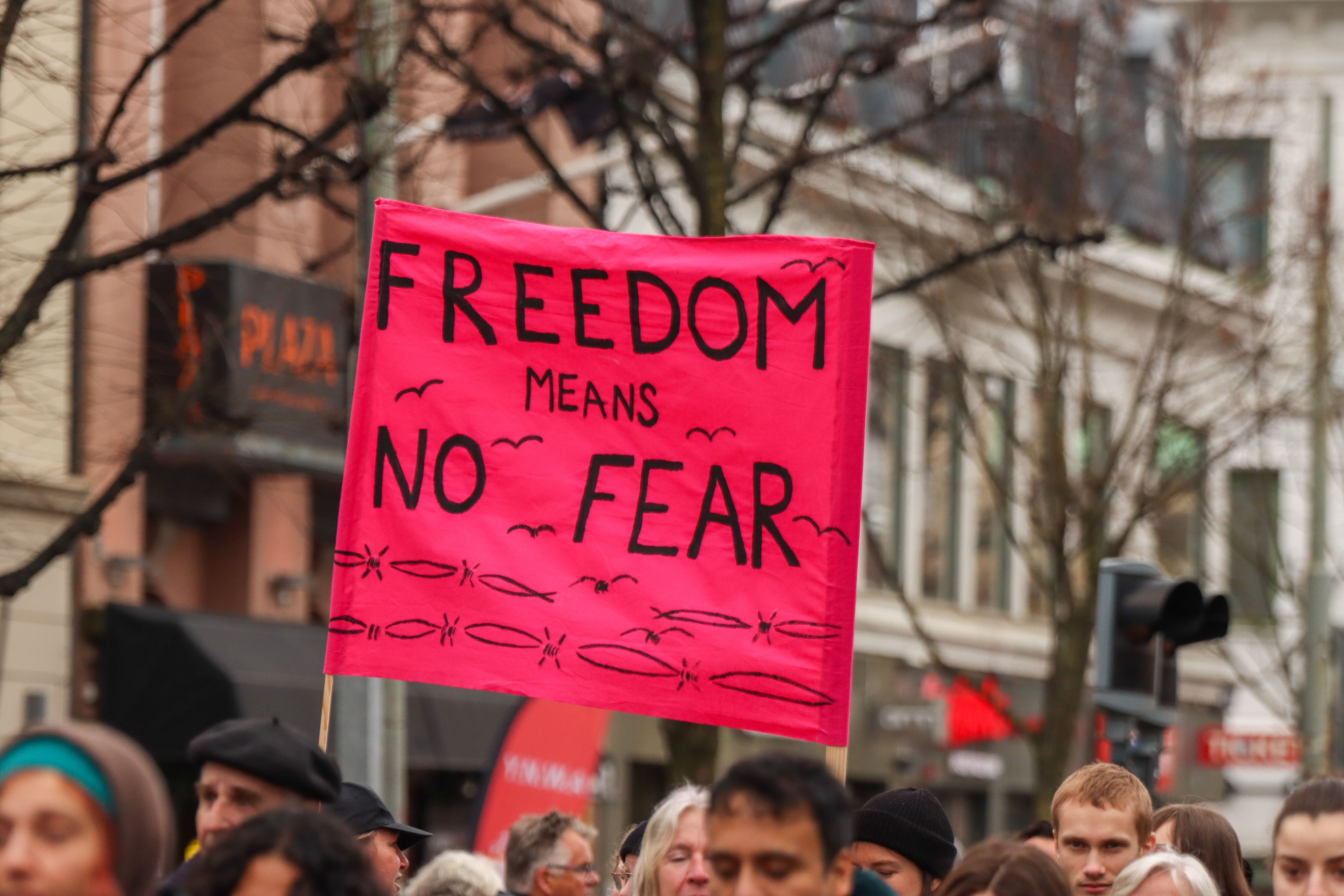Protesters holding a 'Freedom Means No Fear' sign in Gothenburg, Sweden.