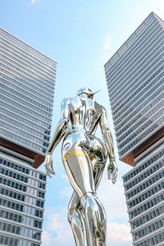 Futuristic metallic sculpture stands between towering modern skyscrapers under a blue sky.