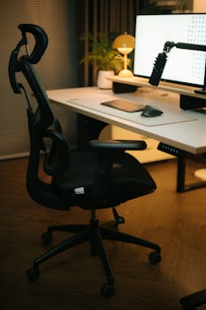 Stylish home office with ergonomic chair and modern desk setup for productivity.