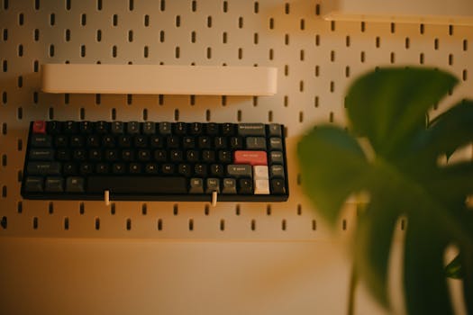 A stylish workspace featuring a keyboard on a pegboard with soft lighting.