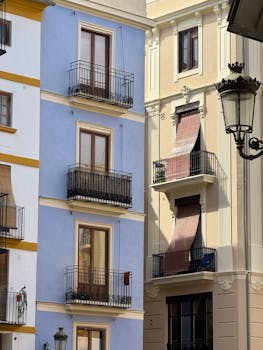 Colorful apartments in Valencia, showcasing Mediterranean architecture.