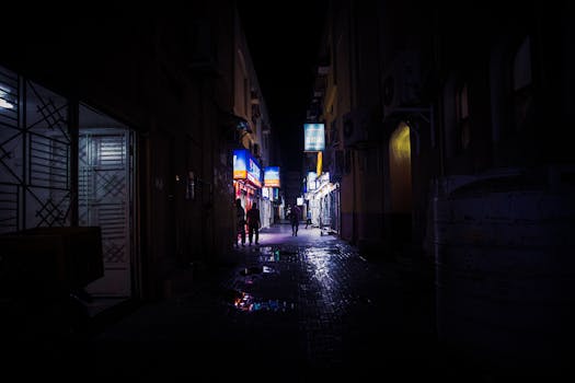 布尔迪拜小巷的夜色变幻莫测，映衬着灯火通明的商店与剪影