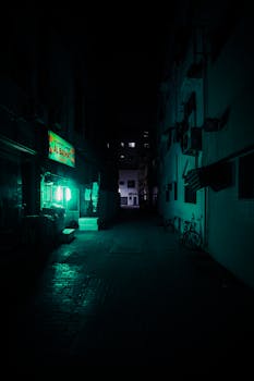 迪拜的小巷黑暗而富有氛围，发光的标志和阴影捕捉着城市夜晚的气息