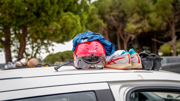 Cycling helmet and shoes on a car roof amidst trees in Gelibolu, Türkiye.
