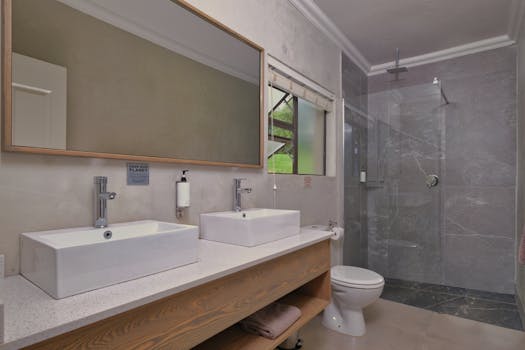 Elegant bathroom featuring sleek double sinks, a spacious shower, and minimalist design.