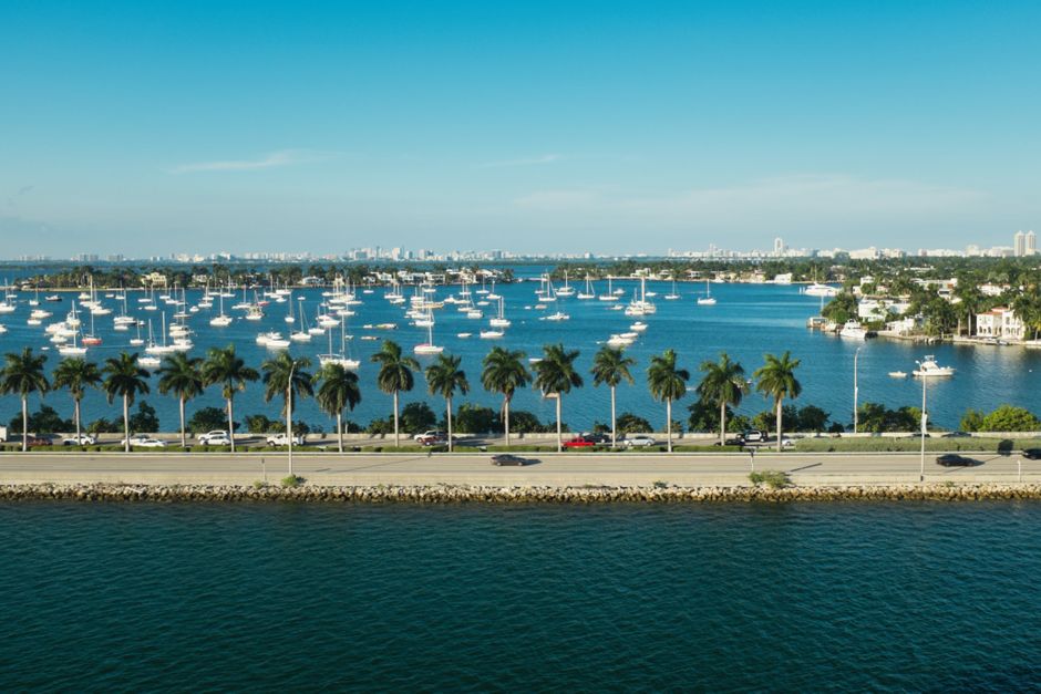 Unbeatable Private Miami Boat Charter: Sightseeing, Sunset & Sandbar Review 2026 - A picturesque Miami bay scene featuring sailboats, palm trees, and clear skies.