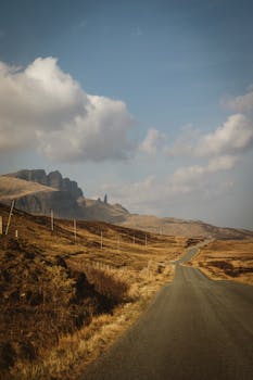 A scenic drive through the rugged landscape of Isle of Skye leading to Old Man of Storr.