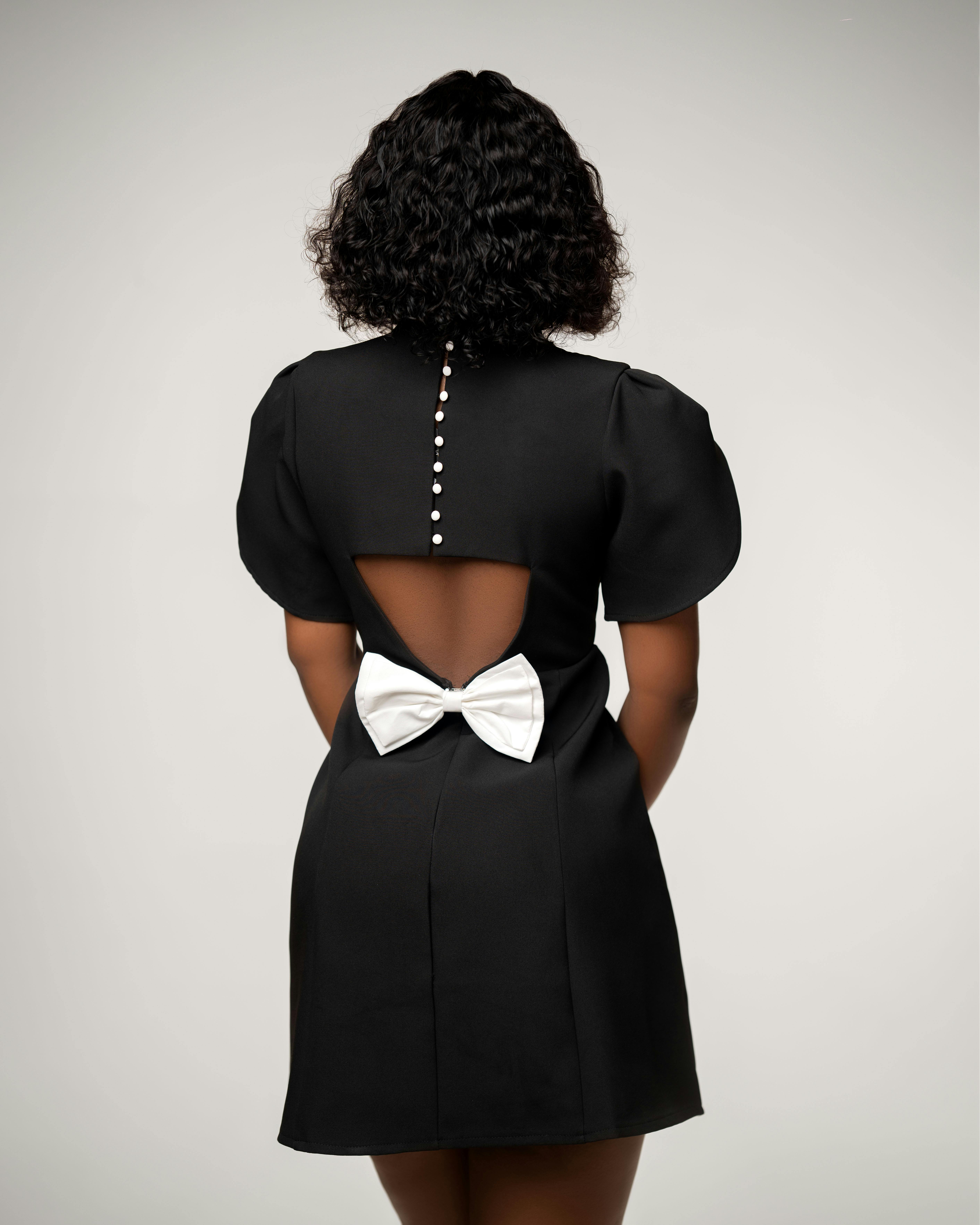 Gratis Vista posteriore di un elegante abito nero con fiocco bianco, perfetto per i lookbook di moda. Foto a disposizione