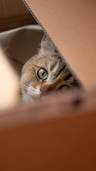 Charming British Shorthair cat peeking out of a cardboard box, ready for play or rest.