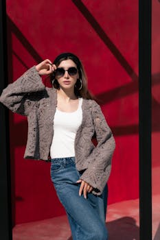Fashionable woman posing in crochet jacket and sunglasses against a vibrant red wall.