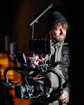 A professional filmmaker in London handles advanced camera equipment for a film shoot.