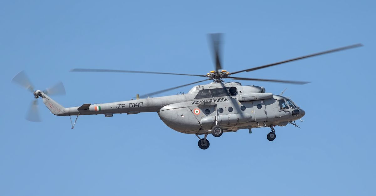 Indian Air Force Mi-17 helicopter flying over Bengaluru, India.