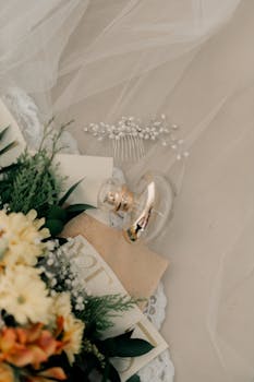 A sophisticated flat lay showcasing bridal accessories and floral arrangement, perfect for wedding inspiration.