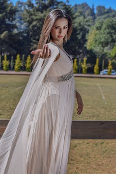 A graceful woman extends her hand in a serene forest setting, wearing a flowing white dress.