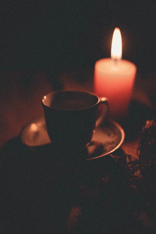 Black Ceramic Mug and Pink Pillar Candle