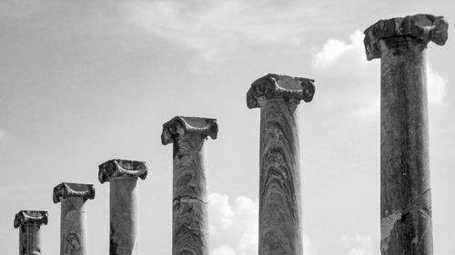 Free Monochrome image of ancient stone columns with ornate capitals against a cloudy sky backdrop. Stock Photo