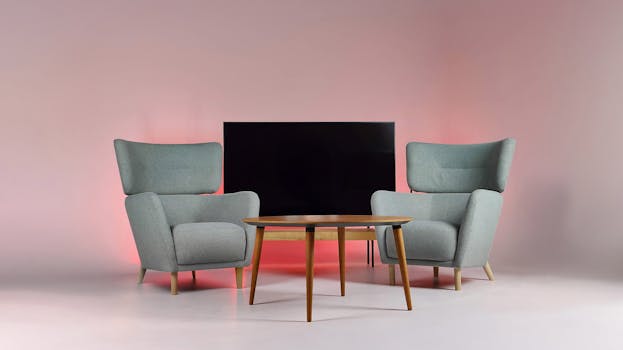 Cozy podcast studio with armchairs, table, and TV backlit in pink light.