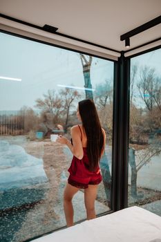 Woman in red lingerie enjoys a morning coffee by a window overlooking a winter landscape.