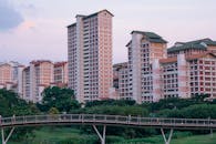 新加坡高层公寓的景观，配有绿化带和人行天桥