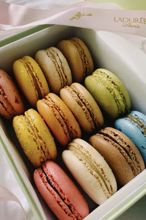 Free Vibrant macarons from Ladurée Paris presented in a box, showcasing pastel colors and variety. Stock Photo