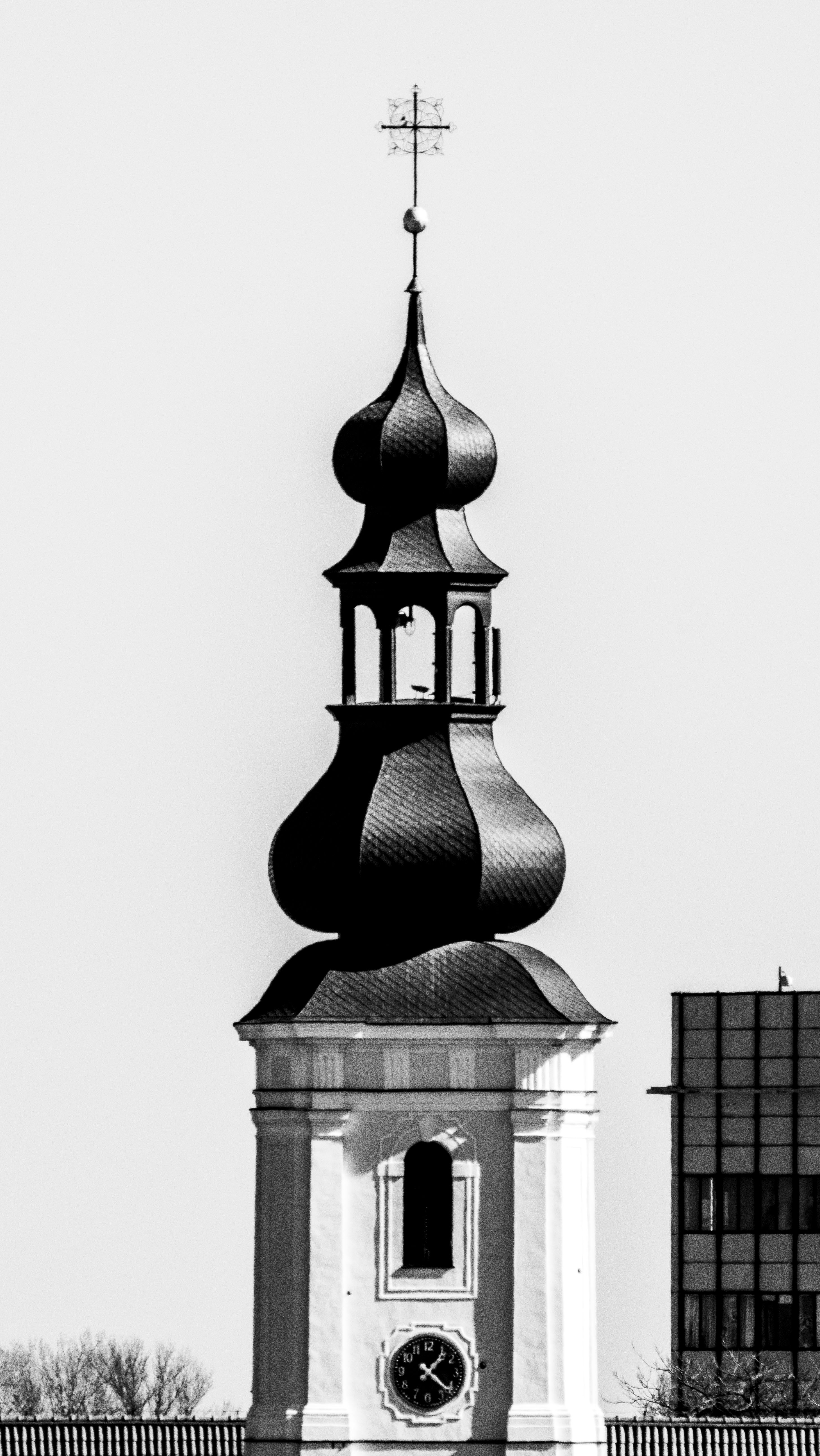 Black and White Baroque Church Tower · Free Stock Photo