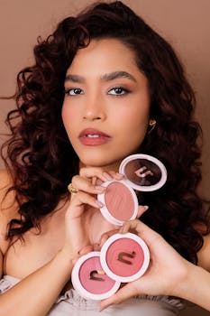 Woman holding three shades of blush compacts in a beauty portrait.