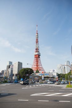 A clear and sunny view of Tokyo Tower amidst city buildings in Minato City, Tokyo.