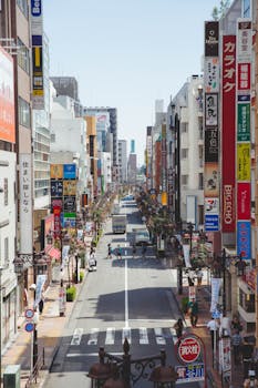 Bustling day in Tokyo's vibrant shopping district with colorful signage and busy streets.