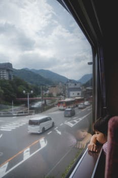 A child gazes out a train window at a Japanese landscape with mountains and city streets.