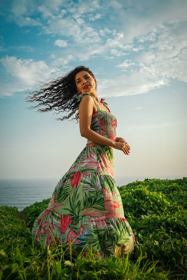 Woman wearing a tiered boho maxi dress