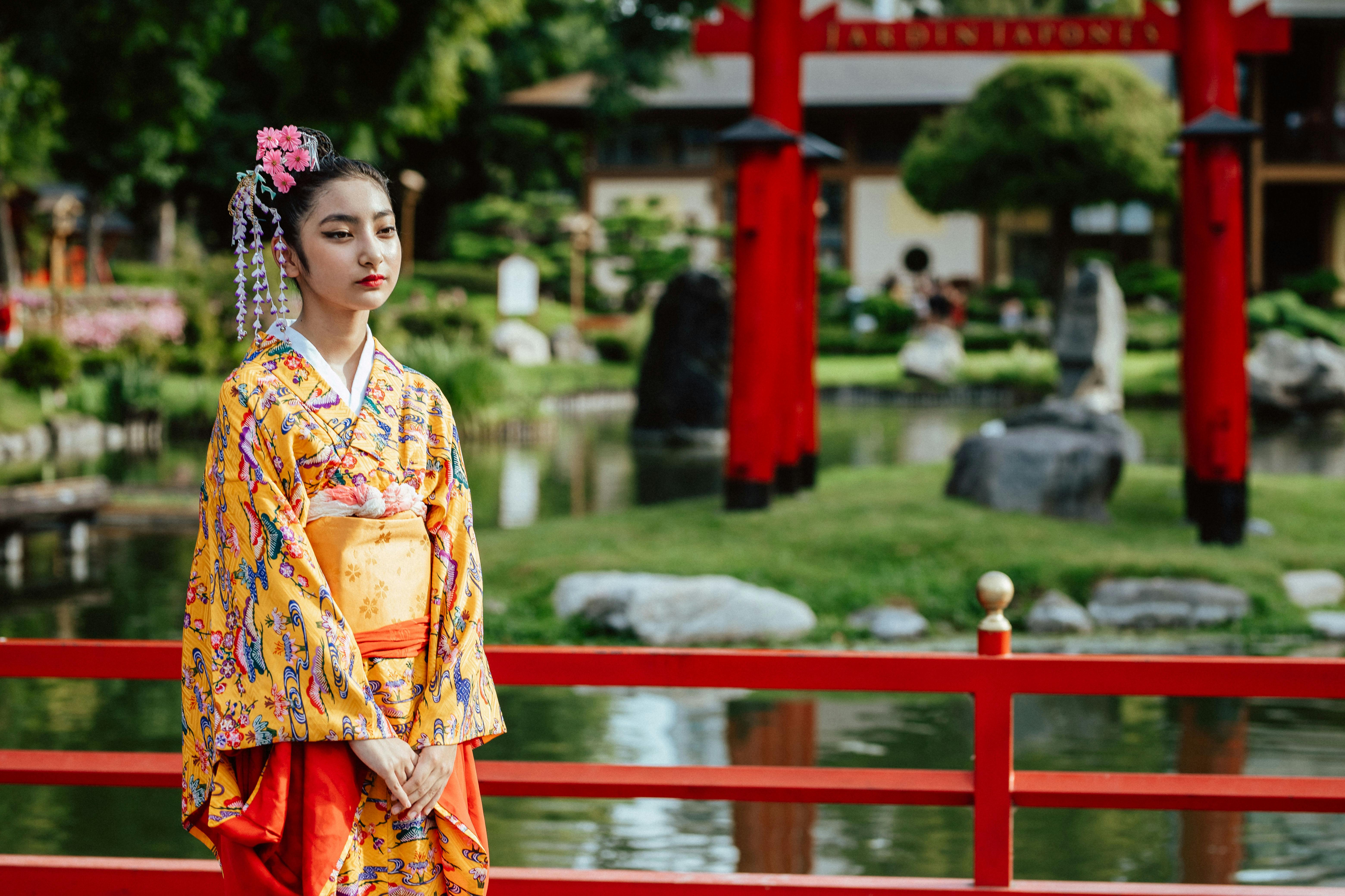 A woman in traditional kimono poses by the Japanese Garden in Buenos Aires, Argentina.