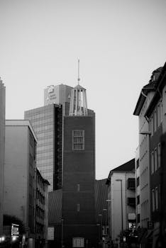 Urban cityscape featuring a central tower and surrounding buildings in black and white.