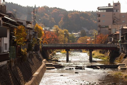 Free Charming Japanese bridge over a river, flanked by autumn foliage and traditional buildings. Stock Photo
