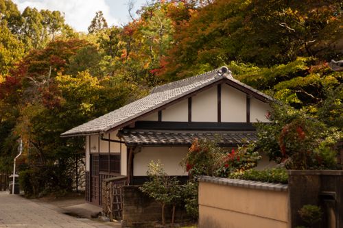 Free Serene traditional Japanese house surrounded by vibrant autumn foliage. Stock Photo