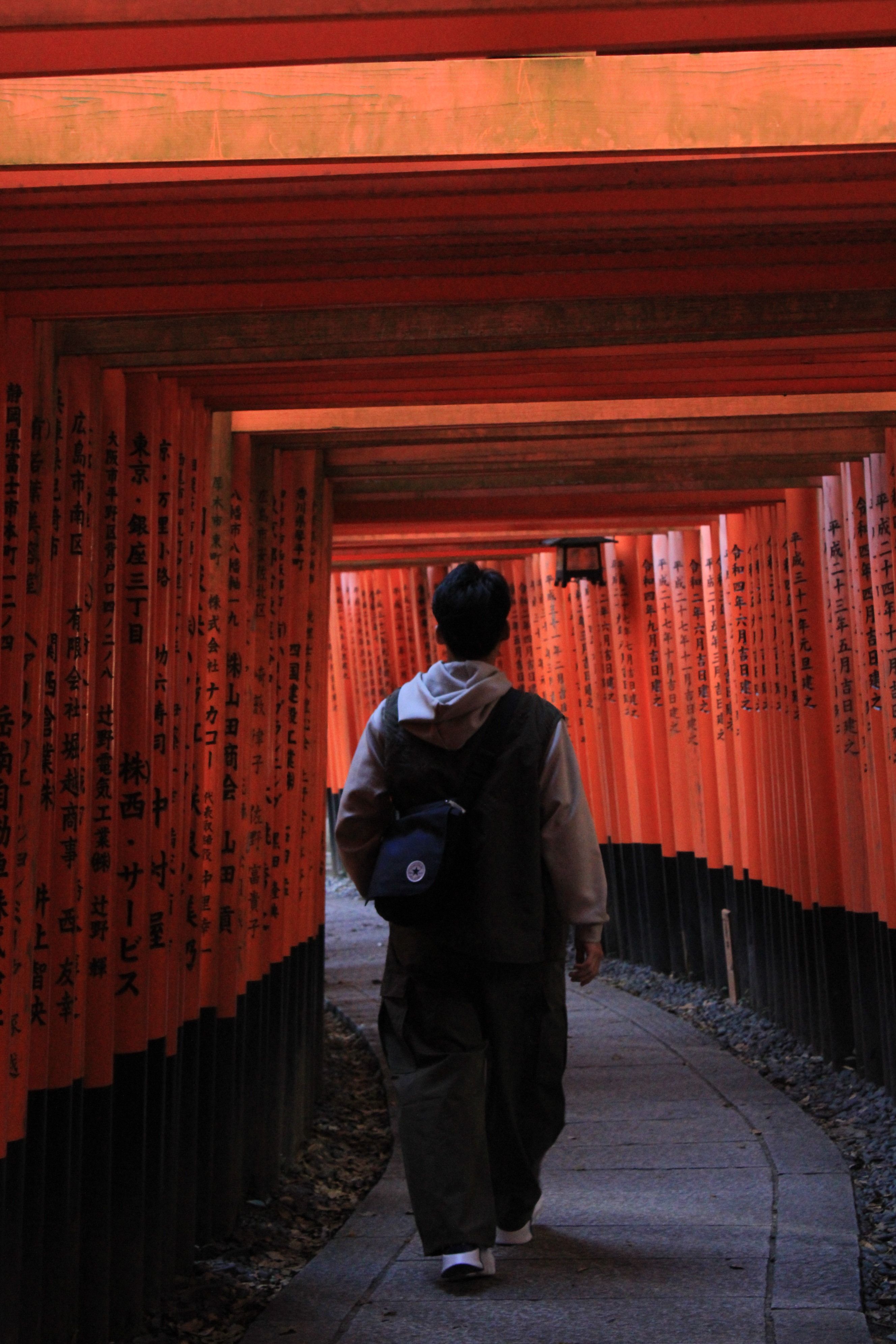 Man Walking Through Fushimi Inari Shrine Torii Gates · Free Stock Photo