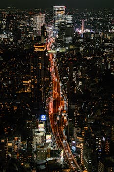 Aerial night view of Tokyo cityscape with illuminated streets and skyscrapers.