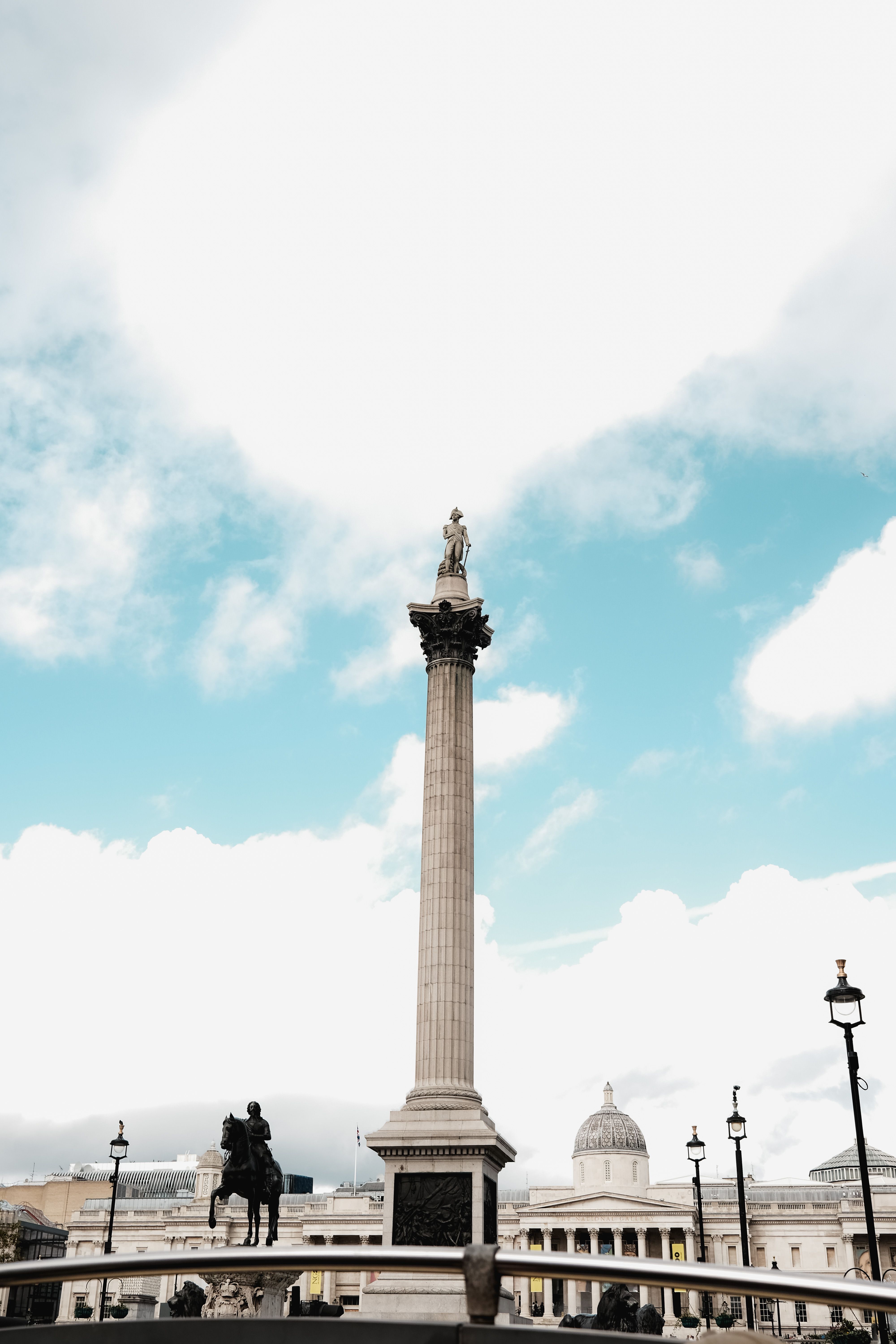 Iconic view of Nelson's Column in Trafalgar Square, London on a clear day