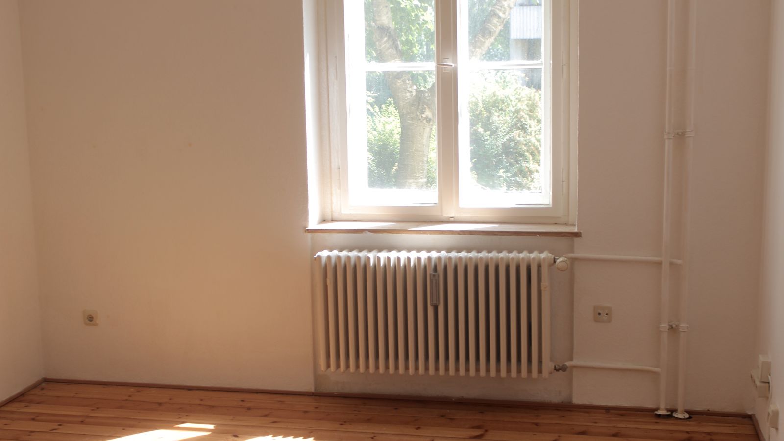 Pièce entièrement vide au plancher bois clair, éclairée par une grande fenêtre, après remise en état.