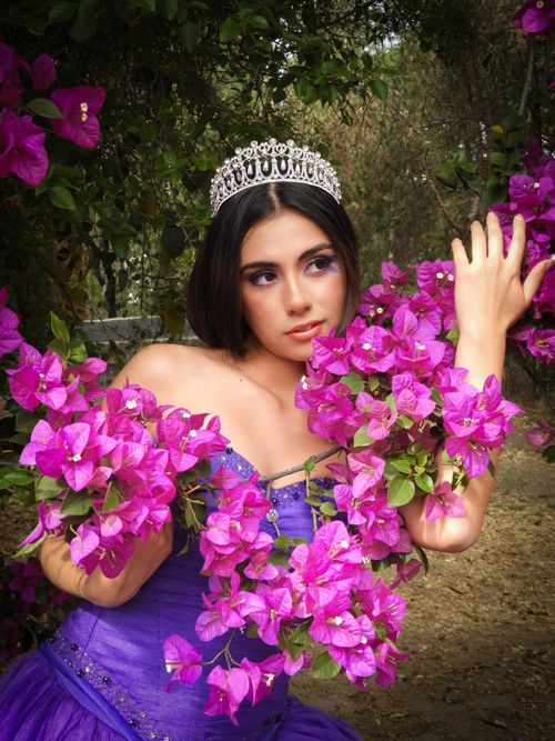 Free Elegant portrait of a woman in a tiara surrounded by vibrant purple flowers outdoors. Stock Photo
