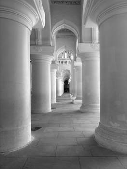 Black and white photo of a grand architectural corridor with massive columns and arches.