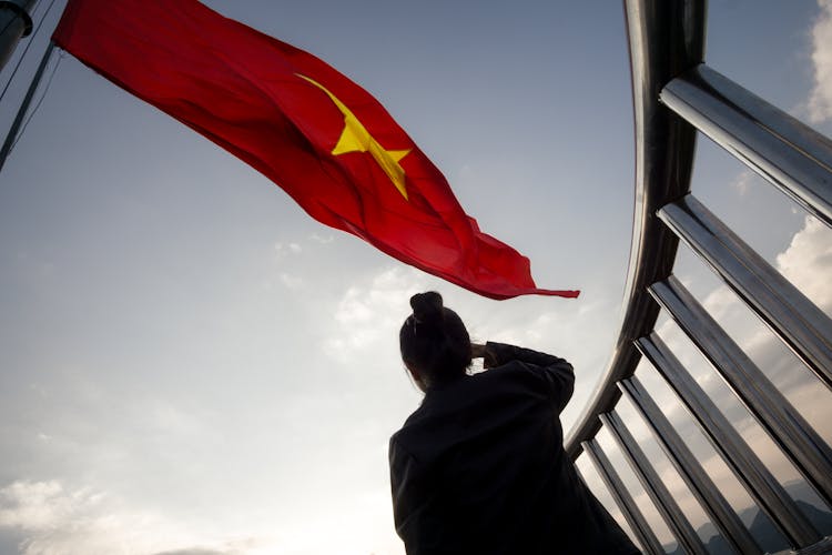 A Woman Standing Below A Waving Flag 