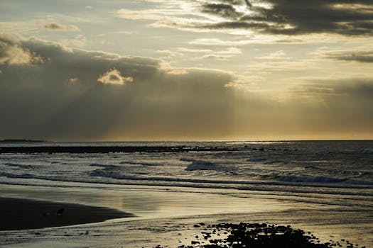 Peaceful coastal sunset with waves and dramatic clouds casting shadows.