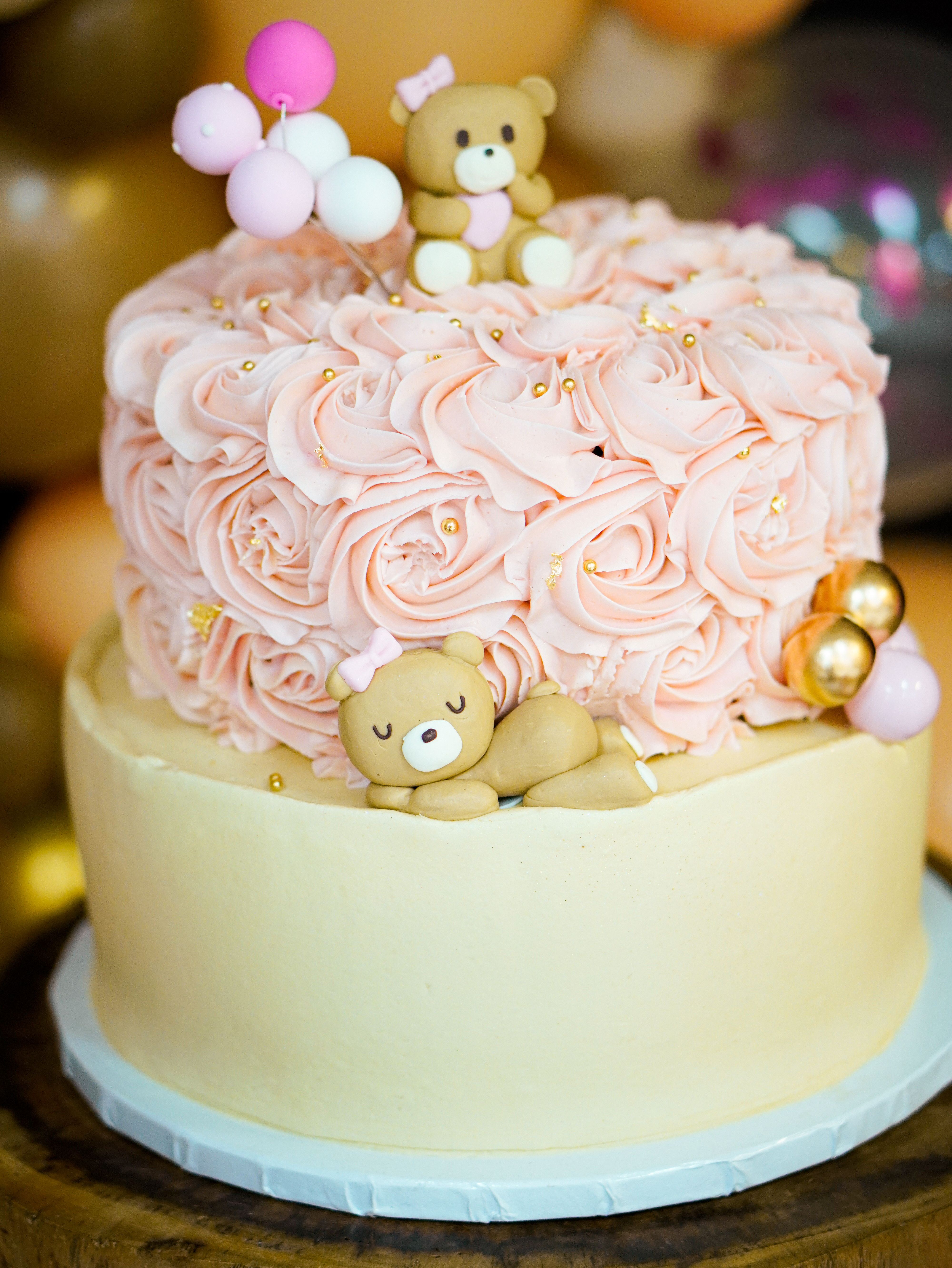 Pink Bear Themed Baby Shower Cake with Roses · Free Stock Photo