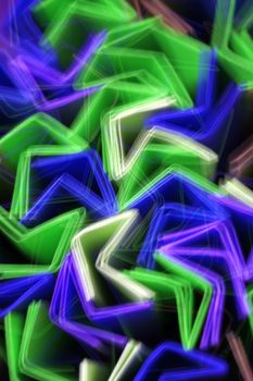 Colorful abstract patterns with neon light effects and motion blur, creating an energetic visual.