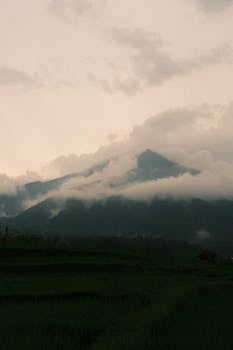 Serene image of a mountain shrouded in clouds, capturing nature’s tranquil beauty.
