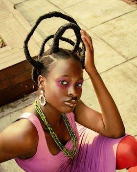 Artistic portrait of a stylish woman with expressive makeup and creative hairstyle outdoors.