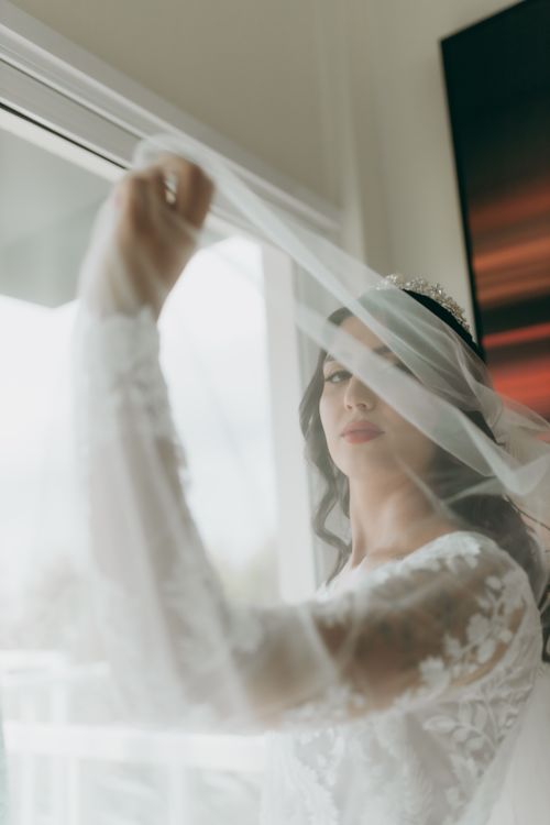 Elegant Bride Gazing Through Bridal Veil Indoors · Free Stock Photo