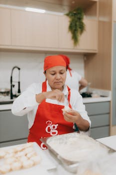 Chef expertly handling dough in a modern kitchen setting, wearing a red apron and headscarf.