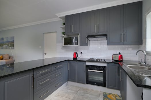 Sleek modern kitchen with grey cabinets, appliances, and stylish decor.