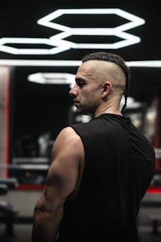 Profile of a fit man with unique hairstyle in a modern gym environment.